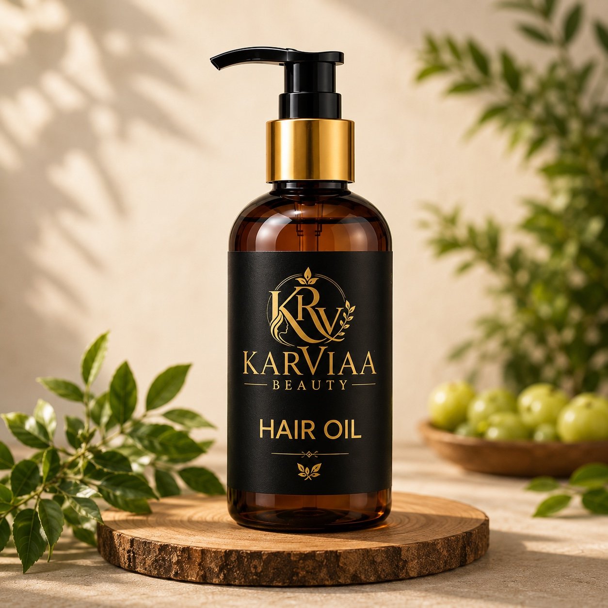 Karviaa Beauty Hair Oil bottle surrounded by botanicals
